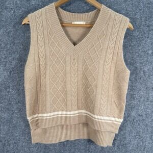Altar'd State Crop Top Sleeveless Sweater Vest Womens  XS Tan White V Neck Soft